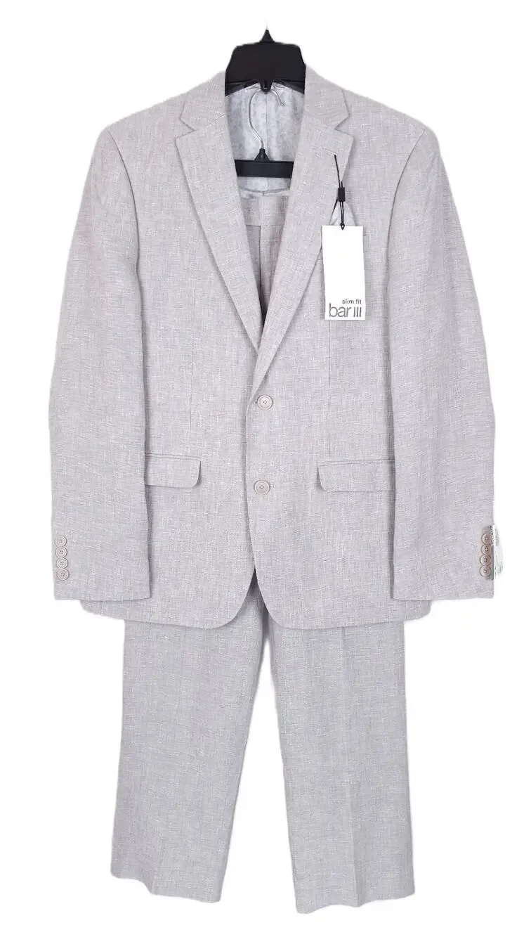 Bar III Mens Slim Fit 2 Piece Linen Suit 36R 29x30 Light Grey Solid NWT